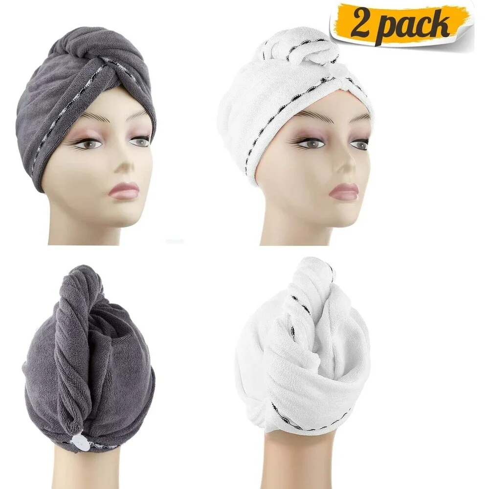 2 Pack Microfiber Hair Drying Wrap Towel for Women - White & Gray